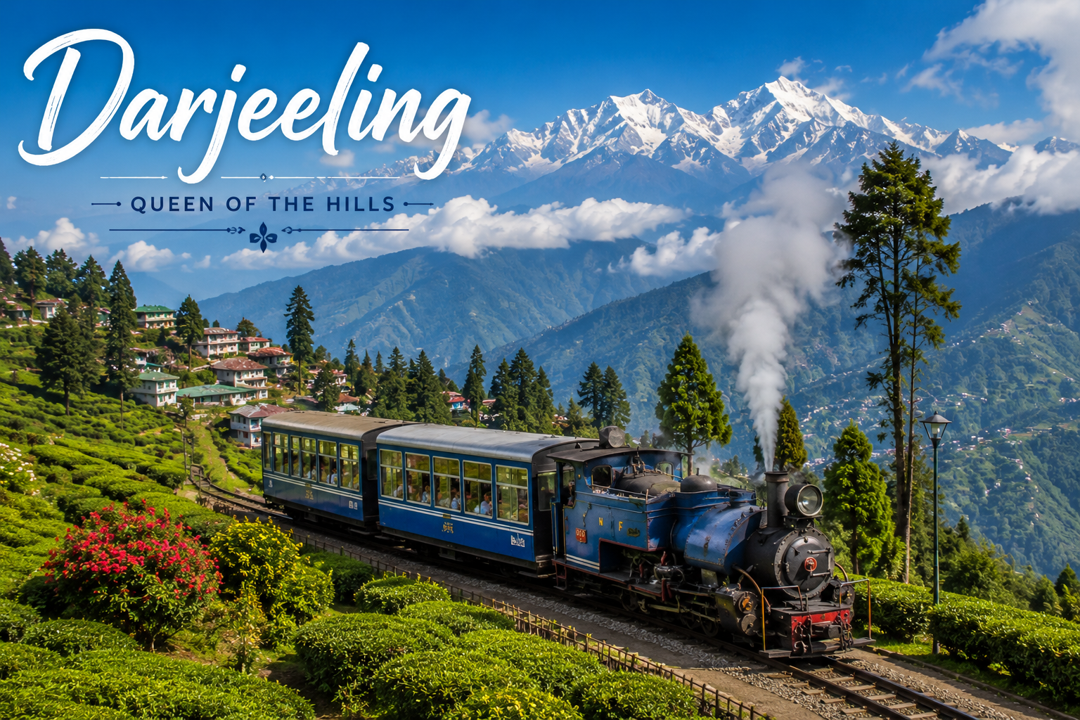 Darjeeling Himalayan Railway toy train with tea gardens and mountain views
