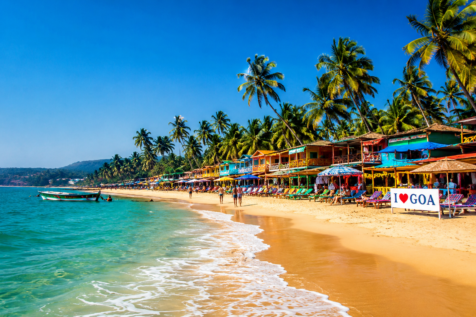 Beautiful Goa beach with palm trees golden sand and blue sea