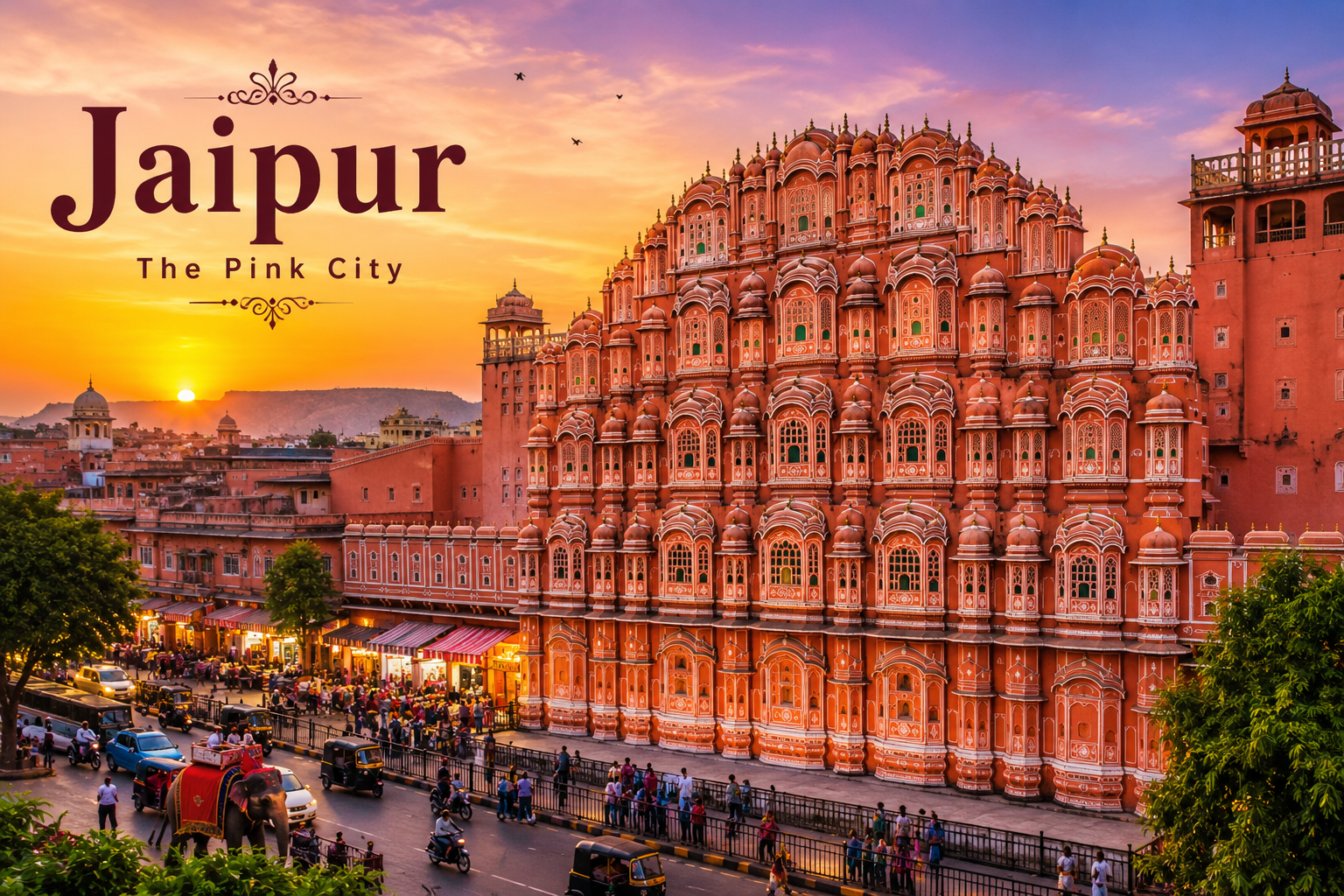 Hawa Mahal Jaipur Rajasthan Pink City landmark at sunset